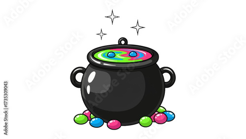 Mystical Cauldron of Enchantment: A captivating illustration of a cauldron brimming with a vibrant, swirling potion, surrounded by colorful candies, evoking an aura of mystery and magic. 