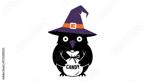 Halloween Bird in Witch's Attire: A whimsical illustration depicts a charming bird dressed as a witch, clutching a bag labeled CANDY, perfect for a Halloween celebration.
