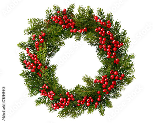 Cozy Christmas wreath with red ribbons and pinecones on transparent background