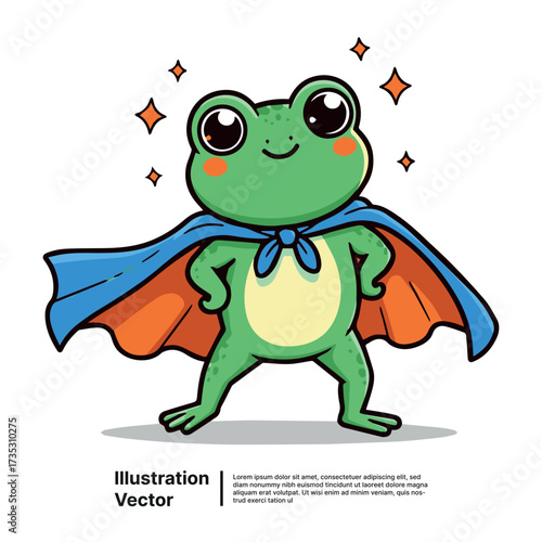 Adorable green amphibian in a blue cape, embodying heroism and a whimsical, brave character