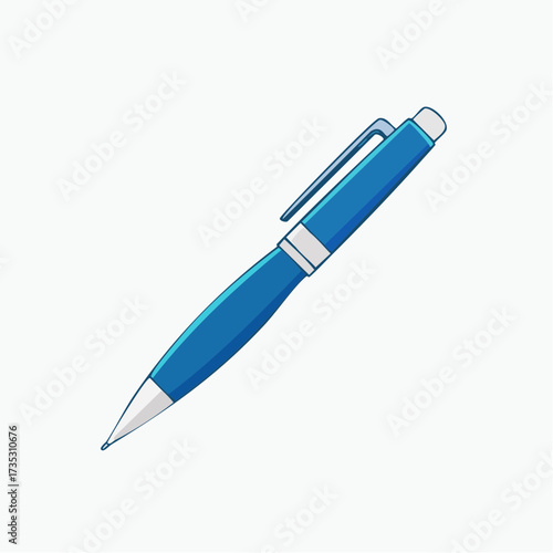 A blue ballpoint pen rests diagonally against a white background, featuring a silver clip and tip.