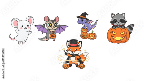 Halloween Cuties: A collection of adorable cartoon characters ready to celebrate Halloween, featuring a cute mouse, a sugar glider, a dragon, a raccoon, and a fox.