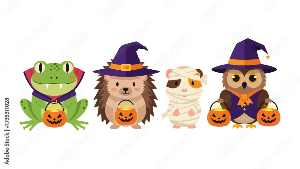 Obraz premium Halloween Animals Gather: A charming illustration of four adorable animals dressed in Halloween costumes, holding lanterns, ready to celebrate the spooky season.