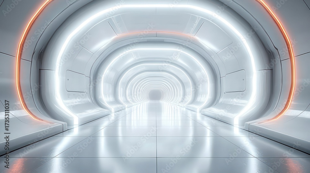 Fototapeta premium Futuristic white corridor with curved walls illuminated by bright white and orange neon lights creating a sleek, clean, and modern atmosphere