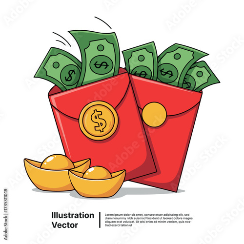 Vibrant illustration of traditional red envelopes overflowing with cash, accompanied by gleaming gold ingots, symbolizing prosperity and good fortune