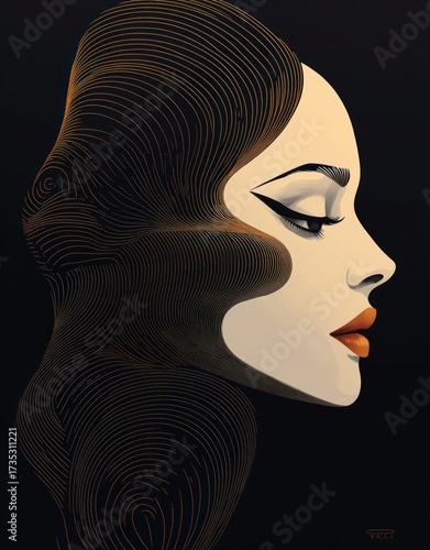 Side profile of a woman's face with elegant makeup and stylized flowing hair in warm tones against a dark background, conveying calm and sophistication