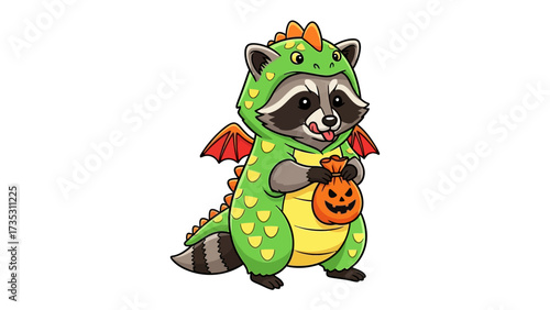 Raccoon in Dragon Costume: A charming raccoon, donned in a vibrant dragon costume, clutches a jack-o'-lantern treat bag, capturing the playful spirit of celebration. 