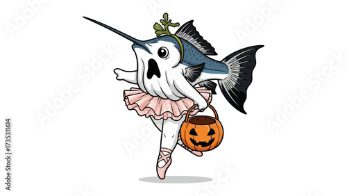 Spooky Swordfish Ballet: An exquisitely illustrated Halloween-themed fantasy depicts a whimsical swordfish adorned in a ballet tutu and ghost costume gracefully performing with a jack-o'-lantern