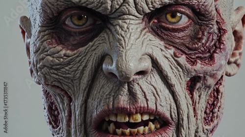 Realistic makeup transformation of a zombie character showcasing intricate skin details and unique features