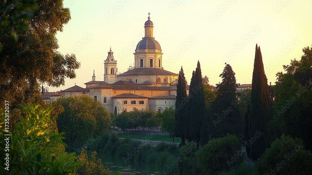 Obraz premium Historic cathedral with domed roof and towers surrounded by tall cypress trees and lush greenery along a riverbank at sunset