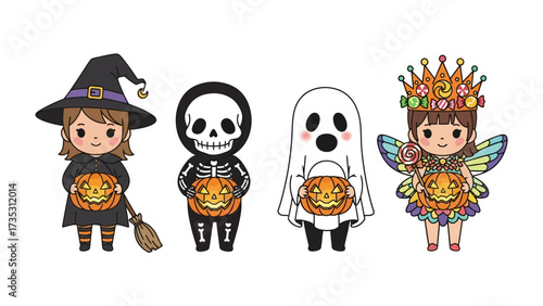 Halloween Character Parade: A charming group of adorable cartoon characters costumed as a witch, skeleton, ghost, and fairy parade holding pumpkin lanterns. Capturing the fun of Halloween.