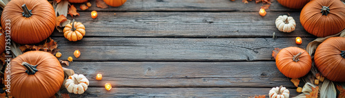 Thanksgiving pumpkins and candles on wooden sign background create warm festive autumn atmosphere with leaves and cozy lighting
