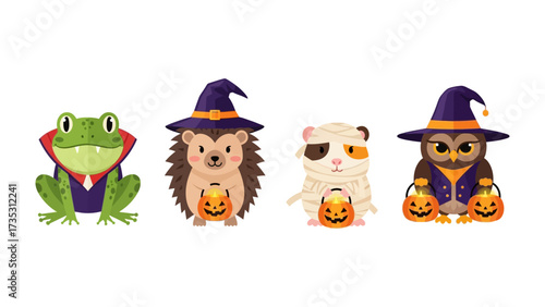 Halloween Critters' Costume: Cute animal illustration dressed up in Halloween attire holding pumpkin bucket, embodying the holiday's spirit.