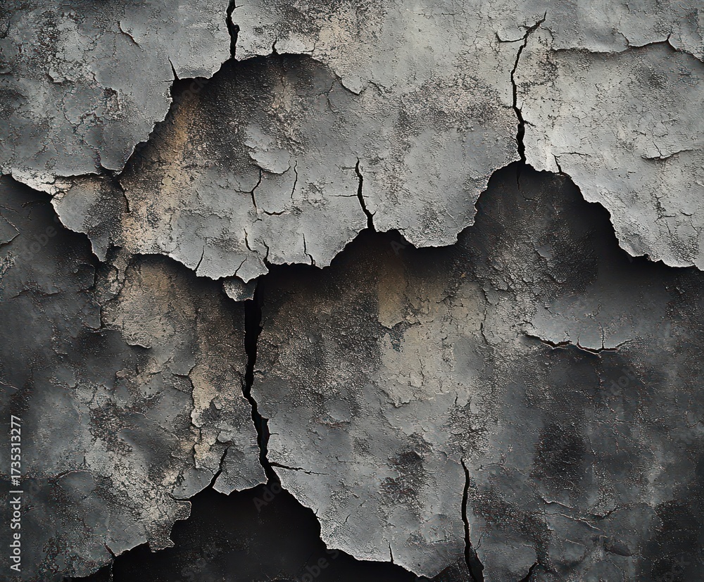 Obraz premium Close-up of cracked and peeling dark gray paint on a textured surface showing decay and deterioration