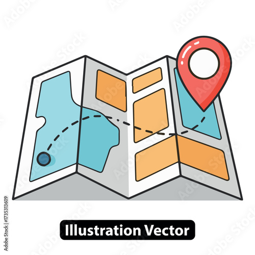 Vibrant folded map vector art with a clear route and a prominent destination pin, guiding your journey