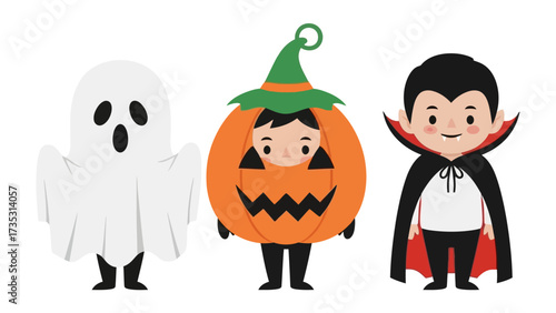 Spooky Halloween Trio: A charming cartoon showcases a ghostly figure, a jovial pumpkin, and a mischievous vampire, embodying the fun of the spooky holiday. 