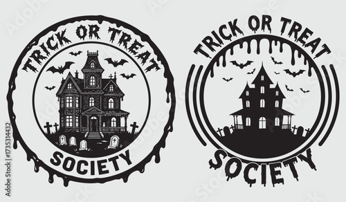 Halloween haunted house and bats trick or treat society emblems illustration