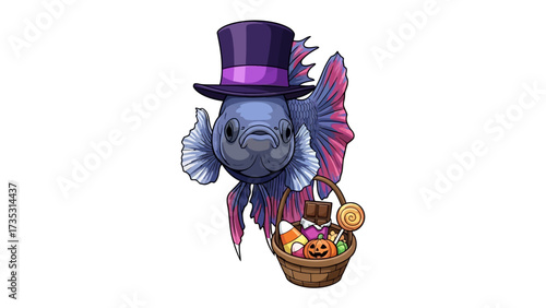 Fancy Betta: An artful rendering of a whimsical Betta fish in festive Halloween attire, complete with a charming top hat and a brimming basket of treats, embodying playful imagination.