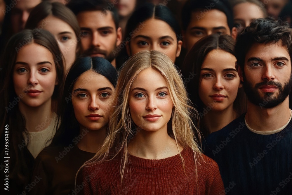 Obraz premium Group of diverse young adults standing closely together with calm and confident expressions in soft lighting