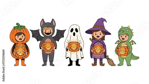 Halloween Costume Kids: Five children, each adorned in charming, unique Halloween costumes, radiate joy as they stand together, embodying the festive spirit.