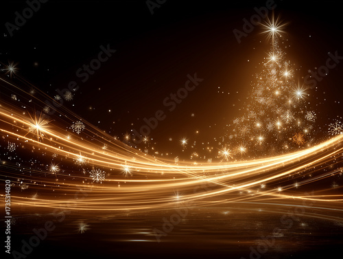 Golden Christmas tree lights, snowflakes, dark background, festive colors