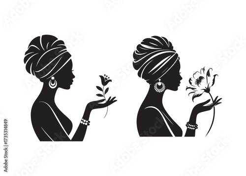 Elegant African woman silhouette with headwrap and flower illustration