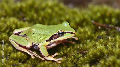 Wallpaper Mural Green Tree Frog Sitting on Mossy Surface in Natural Habitat Torontodigital.ca