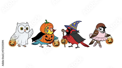 Halloween Bird Celebration:  A charming illustration presents an ensemble of birds dressed up for a Halloween party.