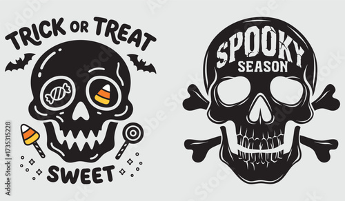 Halloween skull emblems trick or treat sweet spooky season illustration