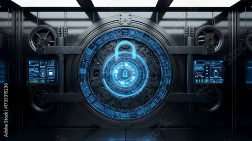 Futuristic bank vault door with glowing digital lock protecting valuable data in a secure modern setting for financial safety concepts