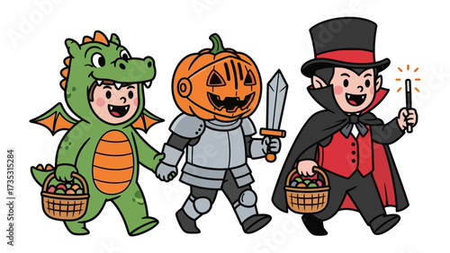 Spooky Ensemble: Three children, each adorned in delightful Halloween costumes, embark on a magical adventure, embodying the essence of fun and whimsy.