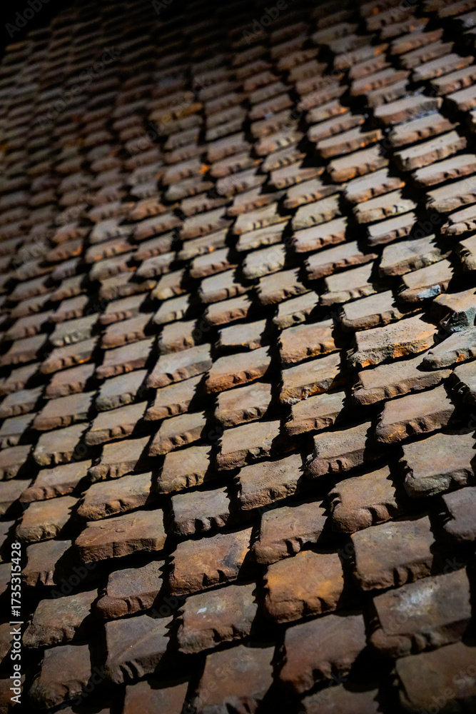 Obraz premium A roof covered with numerous overlapping, weathered clay tiles