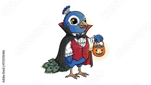Peacock Halloween Costume: A charming peacock, elegantly dressed in a Halloween costume, complete with a cloak and holding a pumpkin-shaped treat bag, embodies the spirit of festive joy.