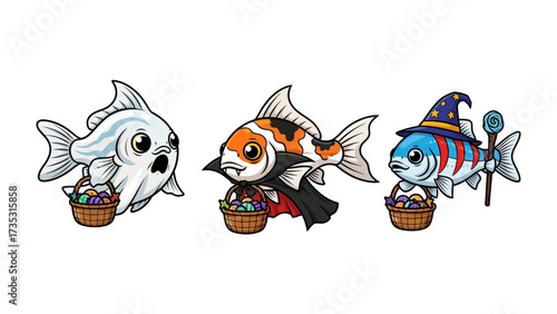 Halloween Fish Trio: A creative and festive illustration of three uniquely dressed fish for Halloween, one fish is dressed as a ghost, another as a vampire, and the final one is wizard-themed.