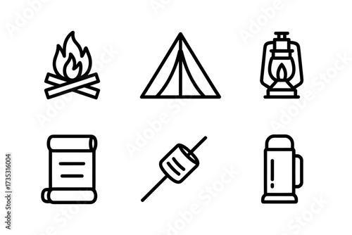Camping Icons Set Minimalist Design for Outdoor Adventure Gear and Activities Illustration Ideal for Website and Graphic Design