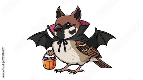 Halloween Sparrow: A charming sparrow dressed up as a vampire bat for Halloween. This illustration captures the fun and whimsy of Halloween.