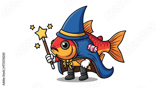 Whimsical Sorcerer Fish: This captivating illustration showcases a charming goldfish, attired as a whimsical sorcerer, wielding a star-topped wand and exuding magical charm.