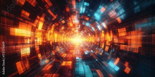 Fototapeta Naklejka Na Ścianę i Meble -  Futuristic digital tunnel with vibrant glowing orange and blue geometric lights converging towards a bright central point, evoking a sense of motion and energy