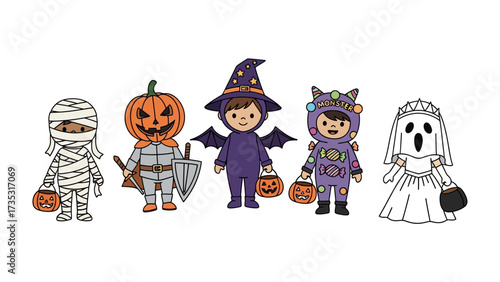 Halloween's Happy Crew: A collection of adorable children in costumes, ready for trick-or-treating, with a festive spirit.