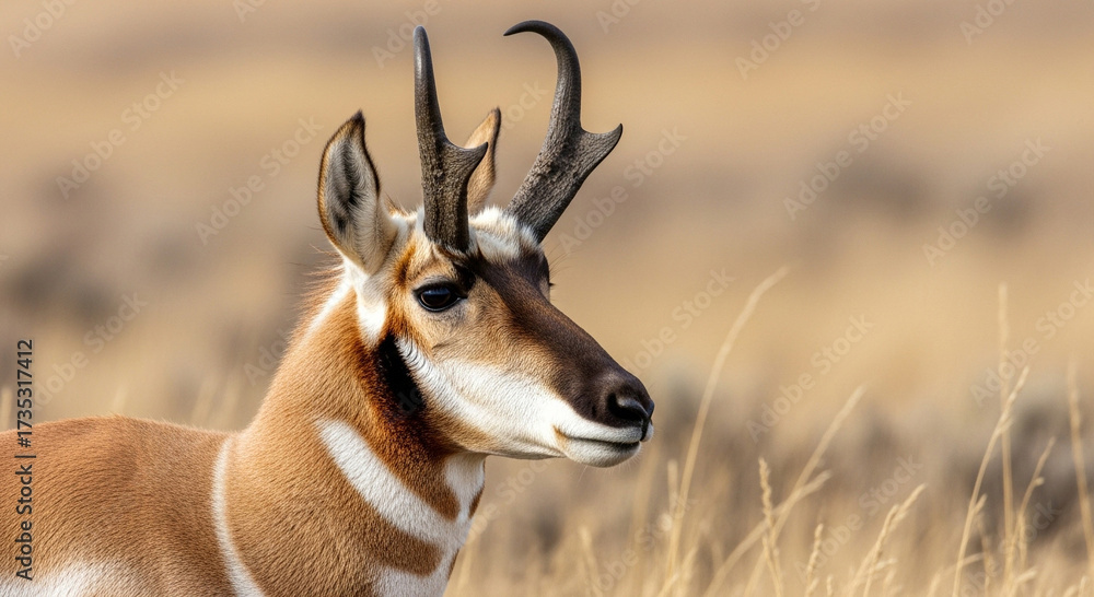 Fototapeta premium Closeup of a pronghorn buck standing in a field of tall dry grass