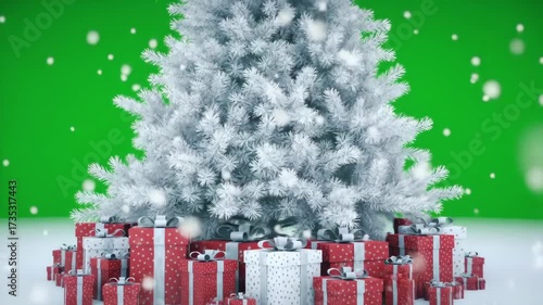 White Christmas Tree with Falling Snow and Gifts on Green Screen.
