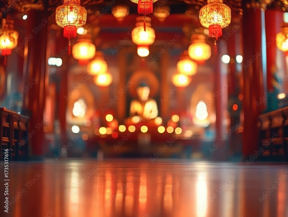 Fototapeta premium Interior view of a temple corridor with glowing lanterns hanging from the ceiling and a blurred statue in the background creating a warm, serene ambiance