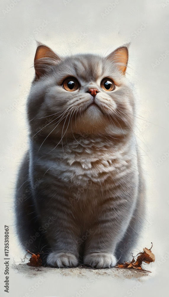 Fototapeta premium Fluffy gray cat with big round eyes sitting attentively on the ground surrounded by dry leaves, looking curious and calm