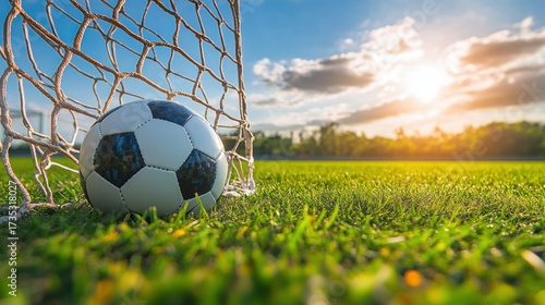 classic black and white soccer ball resting inside a net on green grass field during golden sunset with clear sky and scattered clouds