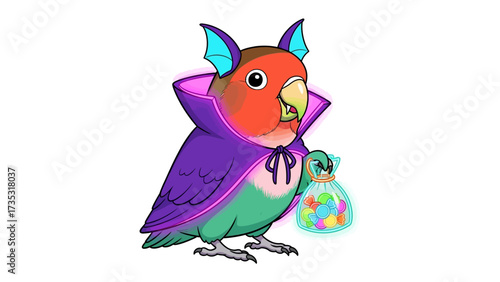 Costumed Parrot: A whimsical illustration depicts a charming parrot adorned in a Halloween costume, a playful embodiment of seasonal cheer. 
