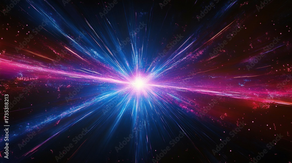 Fototapeta premium Bright white light explosion emitting dynamic vibrant blue and pink light rays with scattered glowing particles on a dark background, evoking cosmic energy