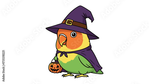 Enchanting Parrot in Costume: A whimsical parrot is ready for Halloween. wearing witch hat, the bird clutches a tiny pumpkin bag, embodying playful charm.