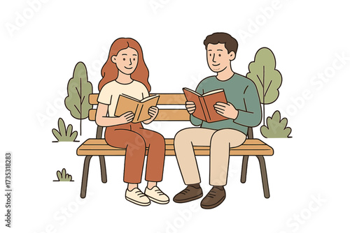 Young couple reading books together on a park bench. Man and woman enjoying literature outdoors. Readers and book fans lifestyle. Relationship, leisure, hobby and education concept.
