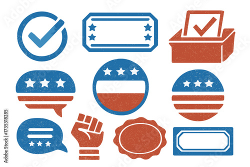 USA vote and election icon set with patriotic symbols. American political concept with grunge texture stamps. Ballot box, check mark, stars and stripes, and raised fist.