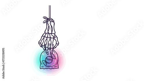 Mysterious Aura: A surreal and minimalist artistic illustration featuring a skeletal hand hanging from above, grasping a vibrant, glowing object that seems to emanate a mysterious light.